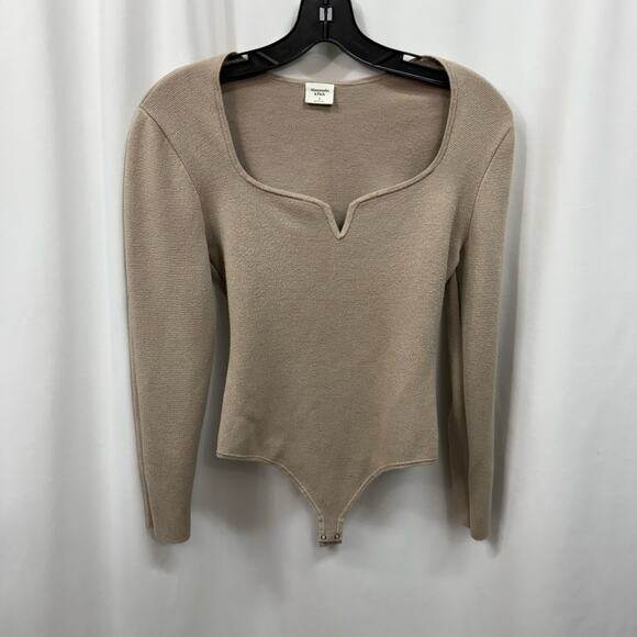 Abercrombie & Fitch Long Sleeve Sweater V-Neck Thong Bodysuit Beige Tan Small - Picture 1 of 6